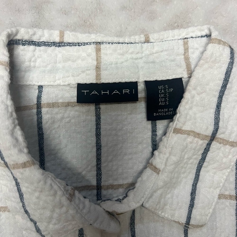 Tahari Women’s White Plaid Linen Cotton Blend Button Down Top | Size S - Picture 3 of 9